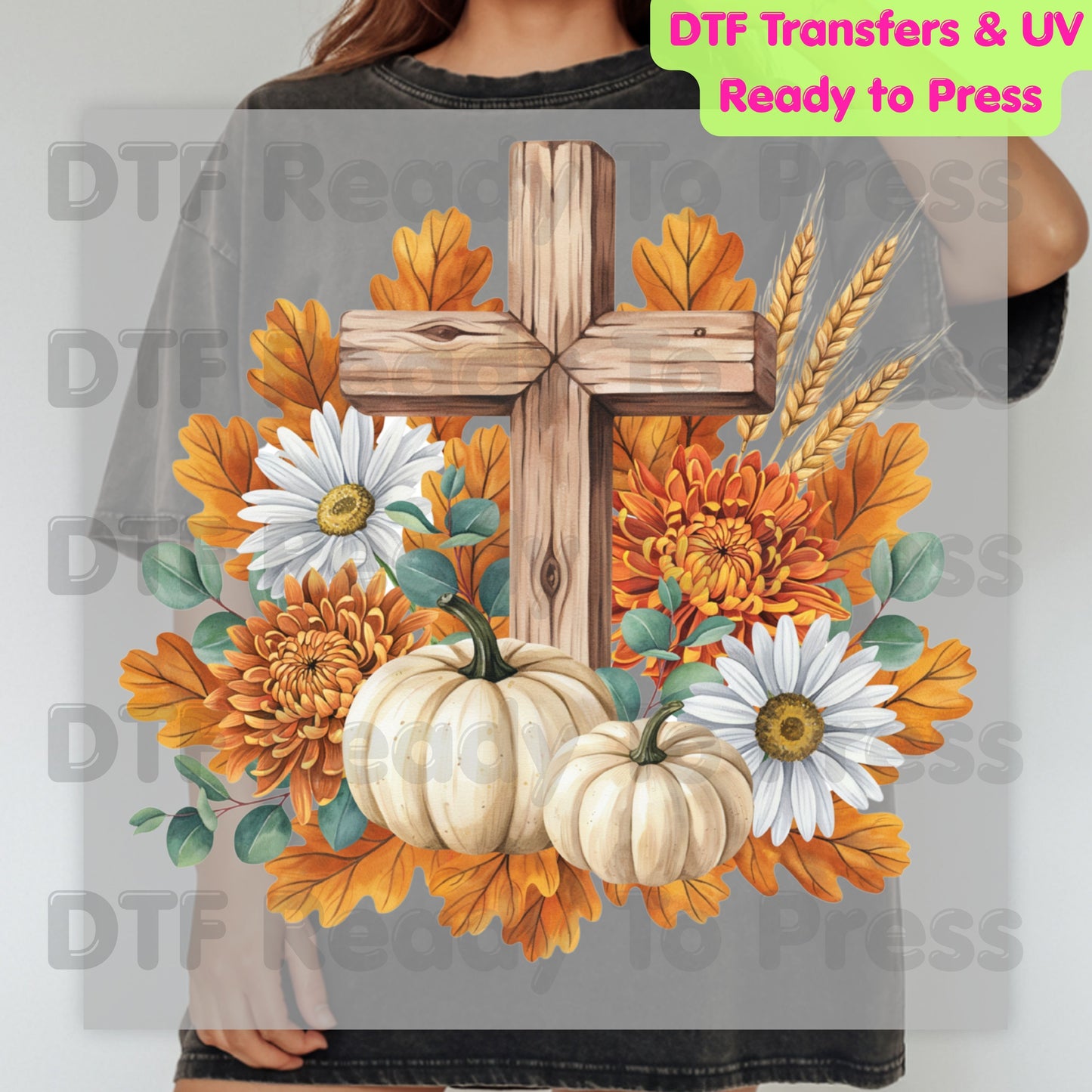 Autumn Floral Wooden Cross DTF Transfer Ready to Press Thanksgiving Pumpkin UV DTF Sticker Christian Fall Harvest Mums & Wheat Heat Transfer for Shirts