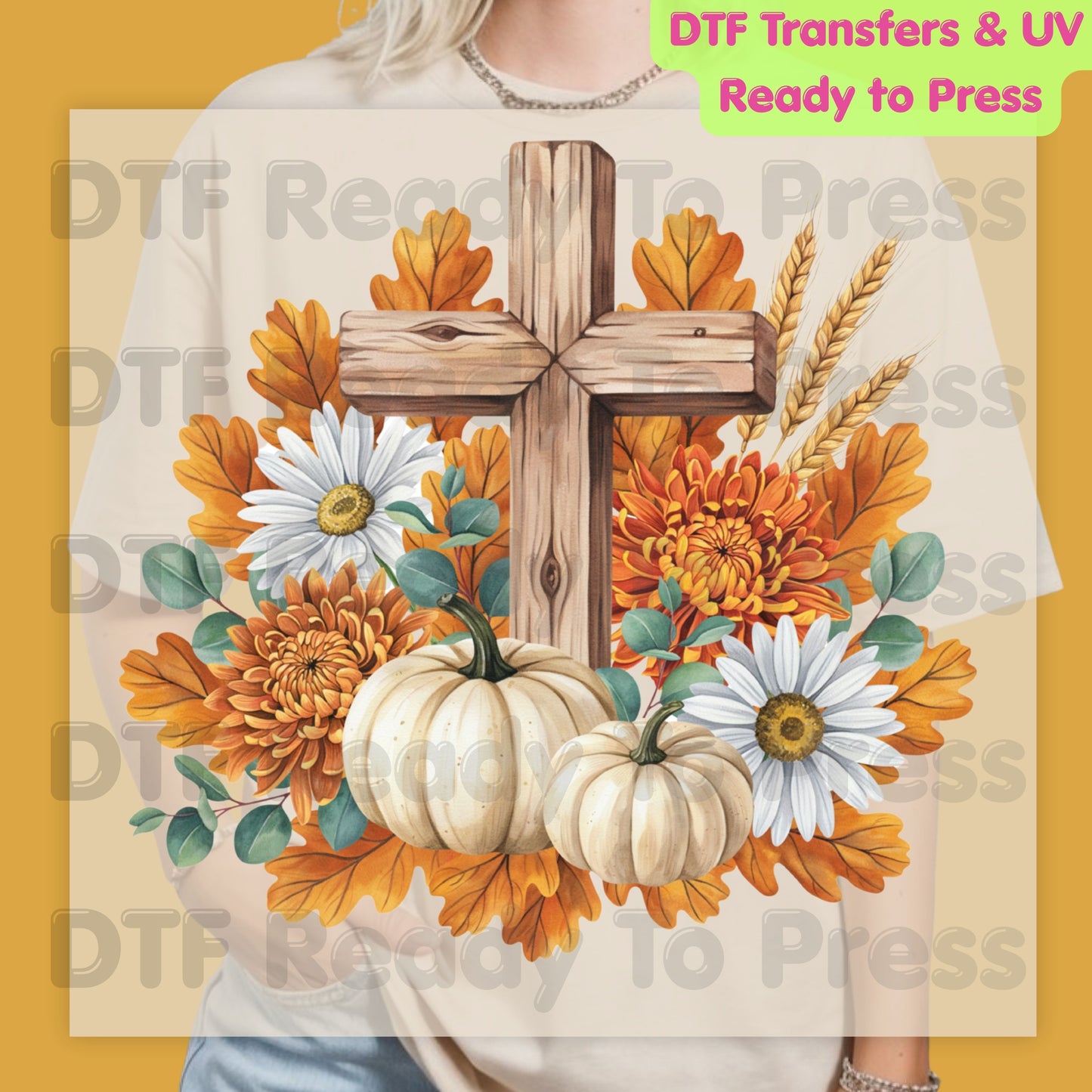 Autumn Floral Wooden Cross DTF Transfer Ready to Press Thanksgiving Pumpkin UV DTF Sticker Christian Fall Harvest Mums & Wheat Heat Transfer for Shirts