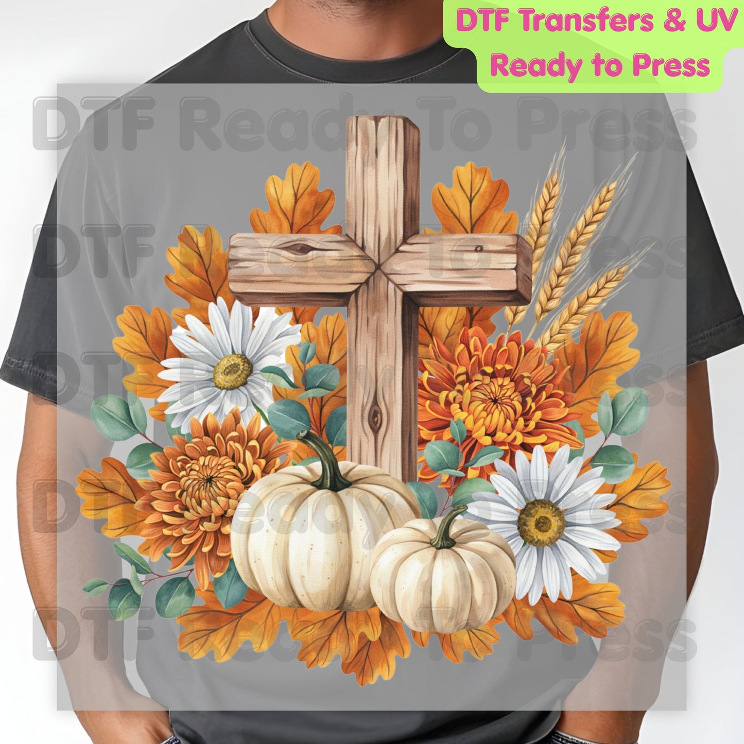 Autumn Floral Wooden Cross DTF Transfer Ready to Press Thanksgiving Pumpkin UV DTF Sticker Christian Fall Harvest Mums & Wheat Heat Transfer for Shirts
