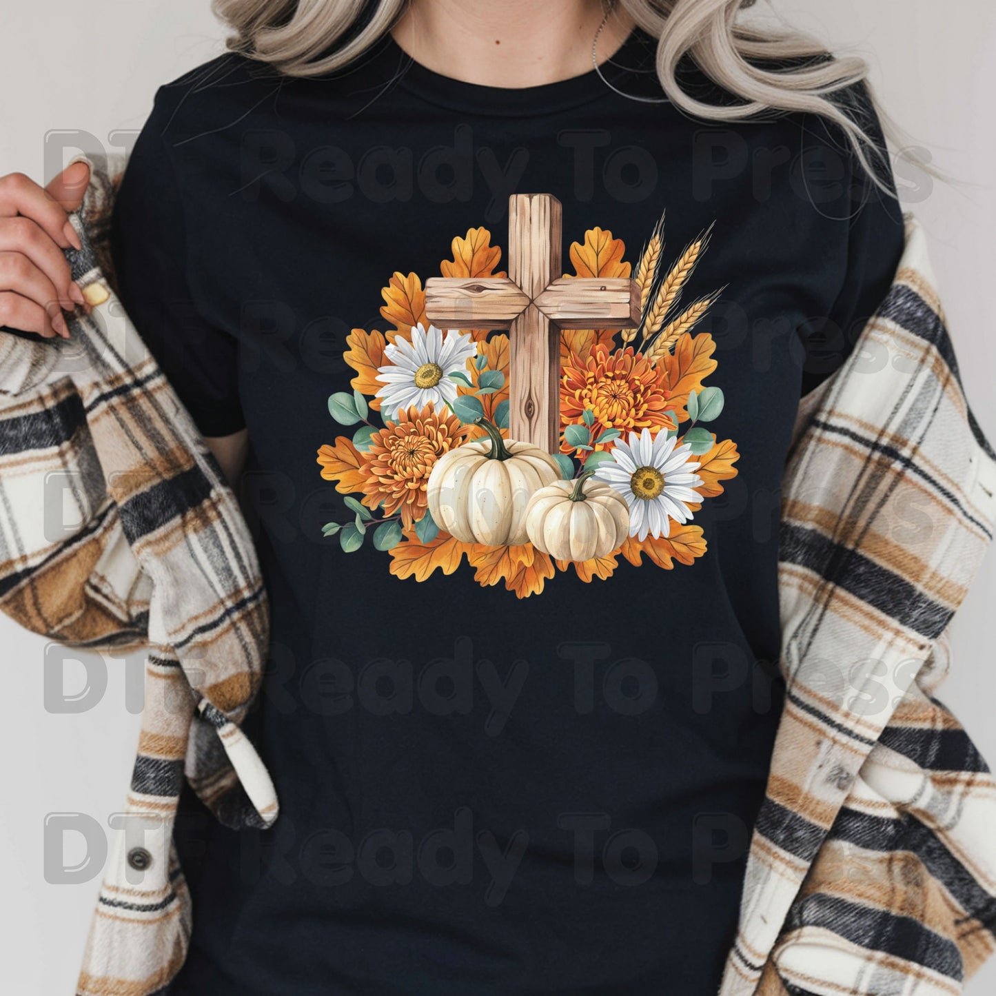 Autumn Floral Wooden Cross DTF Transfer Ready to Press Thanksgiving Pumpkin UV DTF Sticker Christian Fall Harvest Mums & Wheat Heat Transfer for Shirts