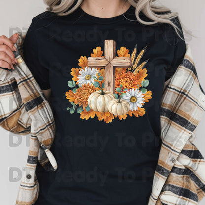 Autumn Floral Wooden Cross DTF Transfer Ready to Press Thanksgiving Pumpkin UV DTF Sticker Christian Fall Harvest Mums & Wheat Heat Transfer for Shirts