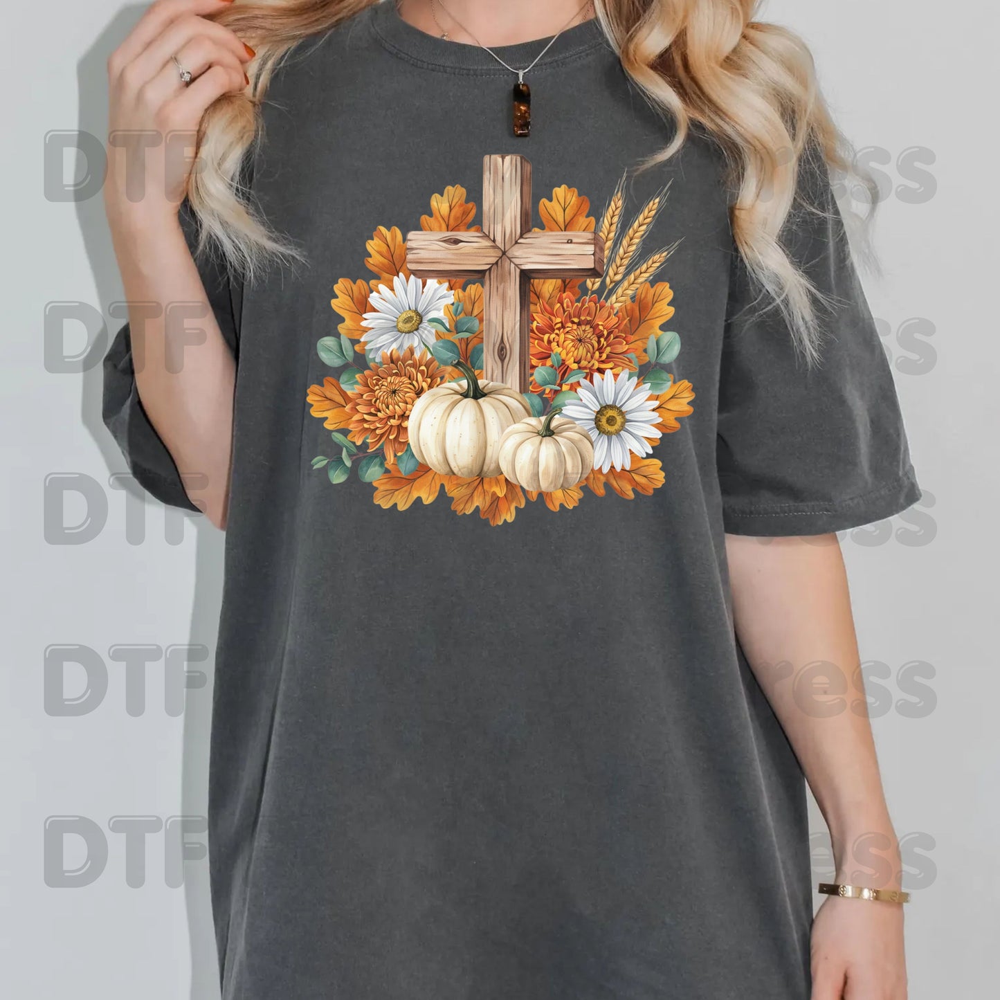 Autumn Floral Wooden Cross DTF Transfer Ready to Press Thanksgiving Pumpkin UV DTF Sticker Christian Fall Harvest Mums & Wheat Heat Transfer for Shirts