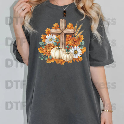 Autumn Floral Wooden Cross DTF Transfer Ready to Press Thanksgiving Pumpkin UV DTF Sticker Christian Fall Harvest Mums & Wheat Heat Transfer for Shirts