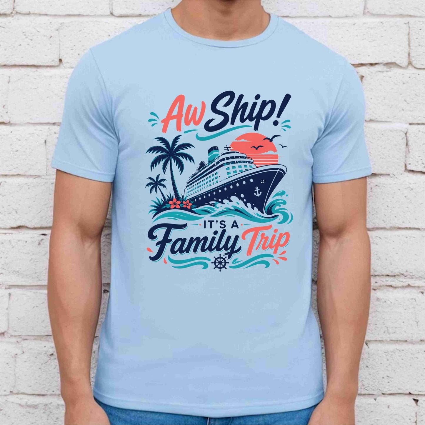 Aw Ship It's A Family Trip Retro Cruise DTF Transfer Ready to Press Family Vacation UV DTF Sticker Ocean Liner & Palm Trees Heat Transfer for Shirts