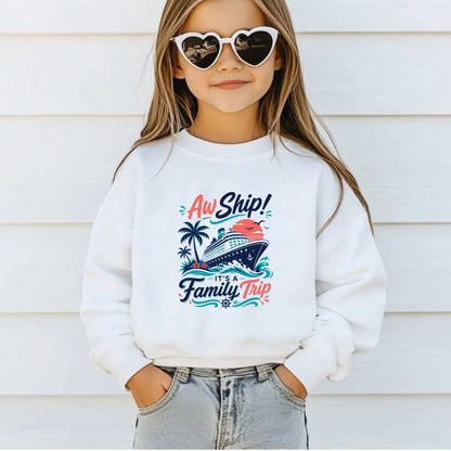 Aw Ship It's A Family Trip Retro Cruise DTF Transfer Ready to Press Family Vacation UV DTF Sticker Ocean Liner & Palm Trees Heat Transfer for Shirts