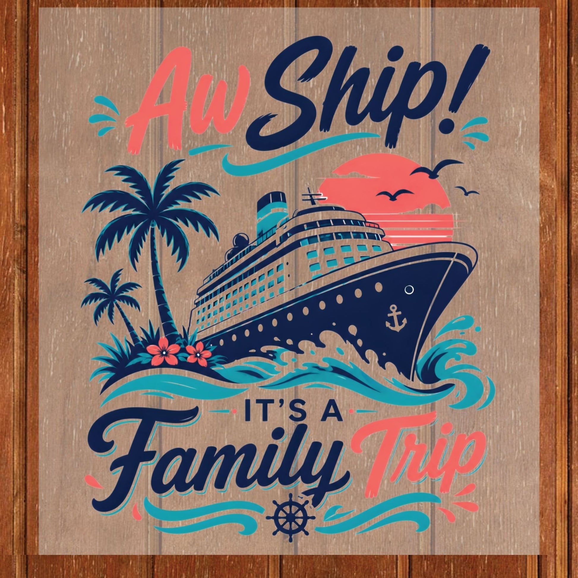 Aw Ship It's A Family Trip Retro Cruise DTF Transfer Ready to Press Family Vacation UV DTF Sticker Ocean Liner & Palm Trees Heat Transfer for Shirts
