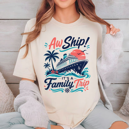 Aw Ship It's A Family Trip Retro Cruise DTF Transfer Ready to Press Family Vacation UV DTF Sticker Ocean Liner & Palm Trees Heat Transfer for Shirts
