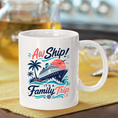 Aw Ship It's A Family Trip Retro Cruise DTF Transfer Ready to Press Family Vacation UV DTF Sticker Ocean Liner & Palm Trees Heat Transfer for Shirts
