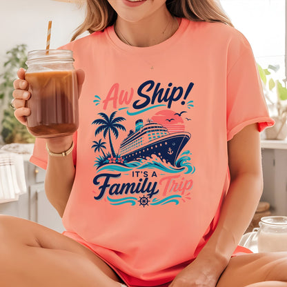 Aw Ship It's A Family Trip Retro Cruise DTF Transfer Ready to Press Family Vacation UV DTF Sticker Ocean Liner & Palm Trees Heat Transfer for Shirts