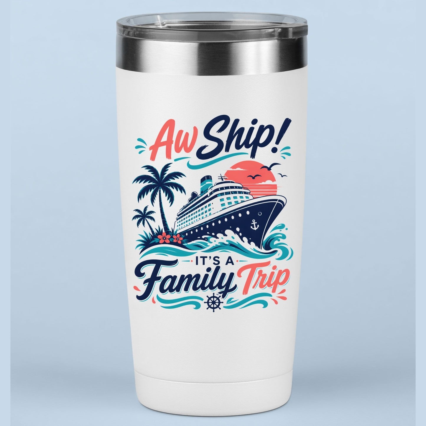 Aw Ship It's A Family Trip Retro Cruise DTF Transfer Ready to Press Family Vacation UV DTF Sticker Ocean Liner & Palm Trees Heat Transfer for Shirts