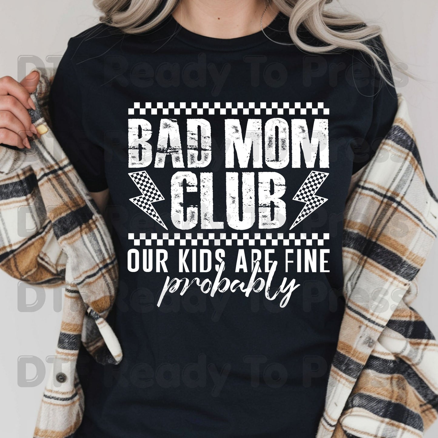 Bad Mom Club DTF Transfer Ready to Press Our Kids Are Fine Probably Retro Checkered Lightning Bolt Heat Transfer for Shirts Funny Mom UV Sticker Prints