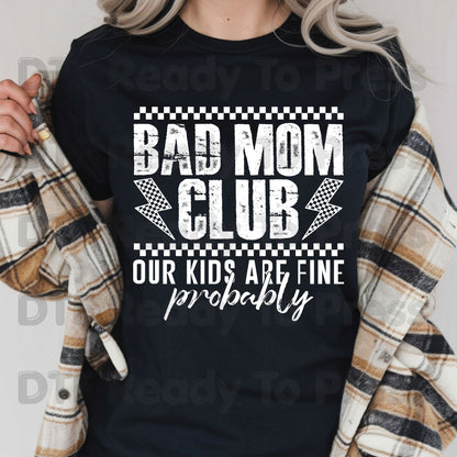 Bad Mom Club DTF Transfer Ready to Press Our Kids Are Fine Probably Retro Checkered Lightning Bolt Heat Transfer for Shirts Funny Mom UV Sticker Prints