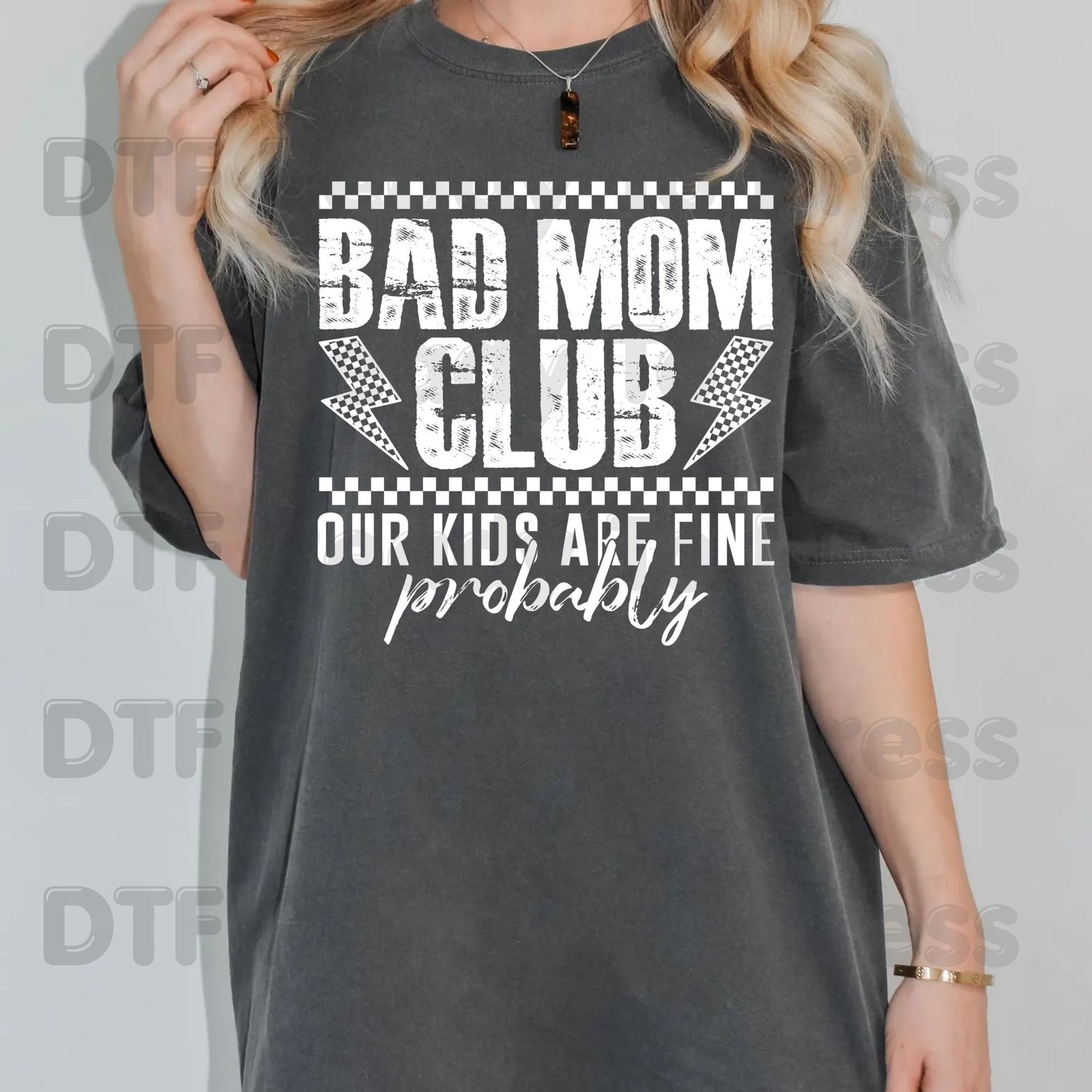 Bad Mom Club DTF Transfer Ready to Press Our Kids Are Fine Probably Retro Checkered Lightning Bolt Heat Transfer for Shirts Funny Mom UV Sticker Prints