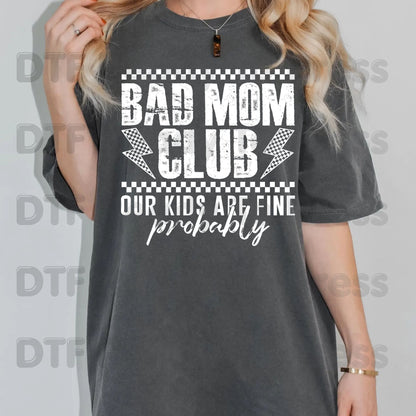 Bad Mom Club DTF Transfer Ready to Press Our Kids Are Fine Probably Retro Checkered Lightning Bolt Heat Transfer for Shirts Funny Mom UV Sticker Prints