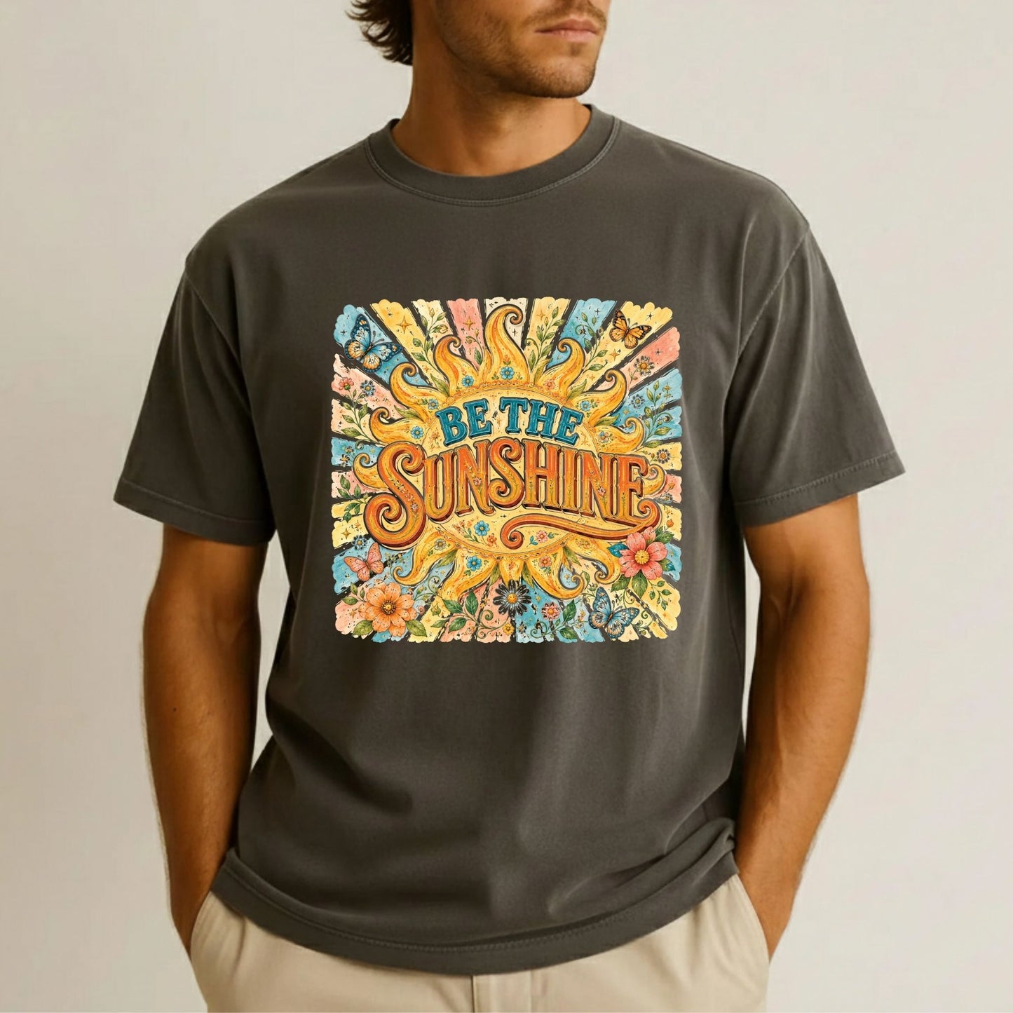 Be The Sunshine Retro Sun DTF Transfer Ready to Press Summer Vibes UV DTF Sticker Inspirational Butterfly Heat Transfer for Shirts