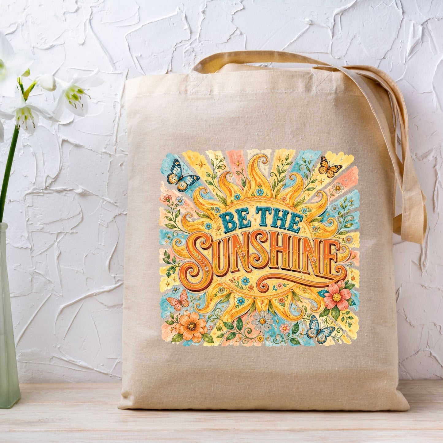 Be The Sunshine Retro Sun DTF Transfer Ready to Press Summer Vibes UV DTF Sticker Inspirational Butterfly Heat Transfer for Shirts