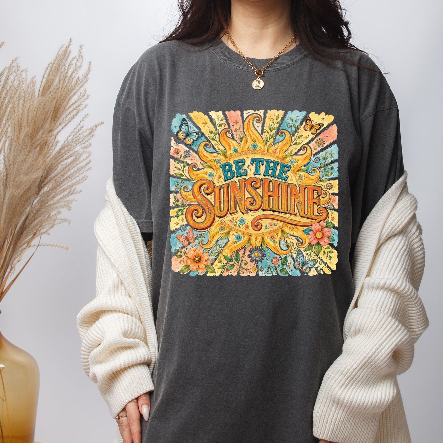 Be The Sunshine Retro Sun DTF Transfer Ready to Press Summer Vibes UV DTF Sticker Inspirational Butterfly Heat Transfer for Shirts