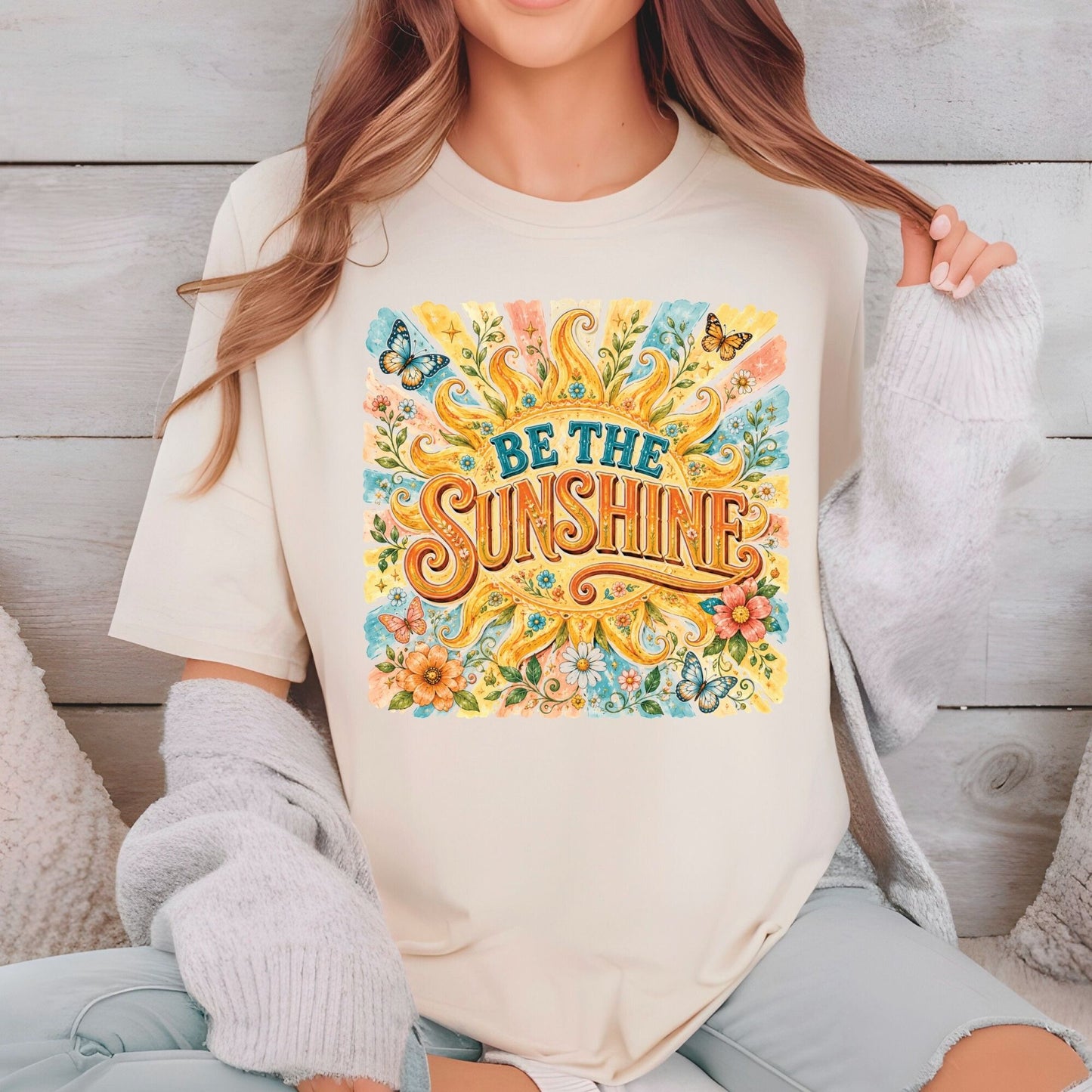 Be The Sunshine Retro Sun DTF Transfer Ready to Press Summer Vibes UV DTF Sticker Inspirational Butterfly Heat Transfer for Shirts