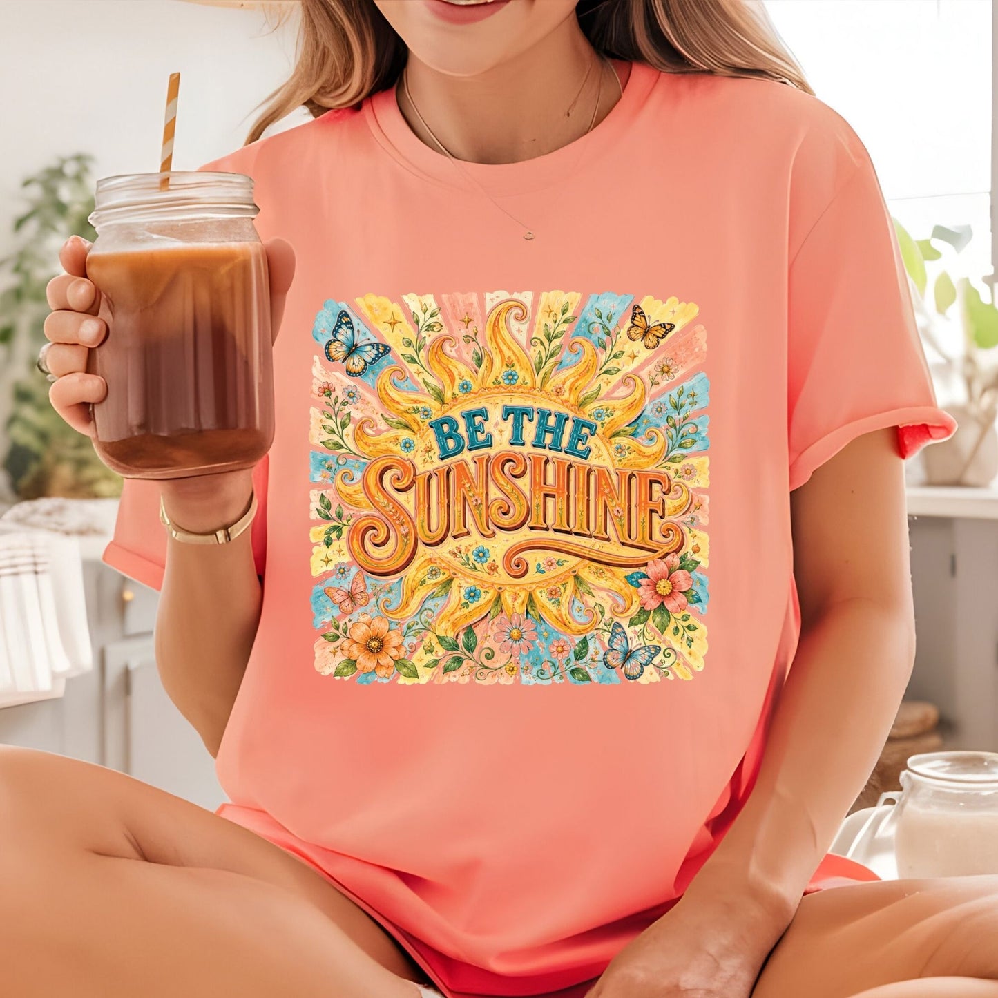 Be The Sunshine Retro Sun DTF Transfer Ready to Press Summer Vibes UV DTF Sticker Inspirational Butterfly Heat Transfer for Shirts