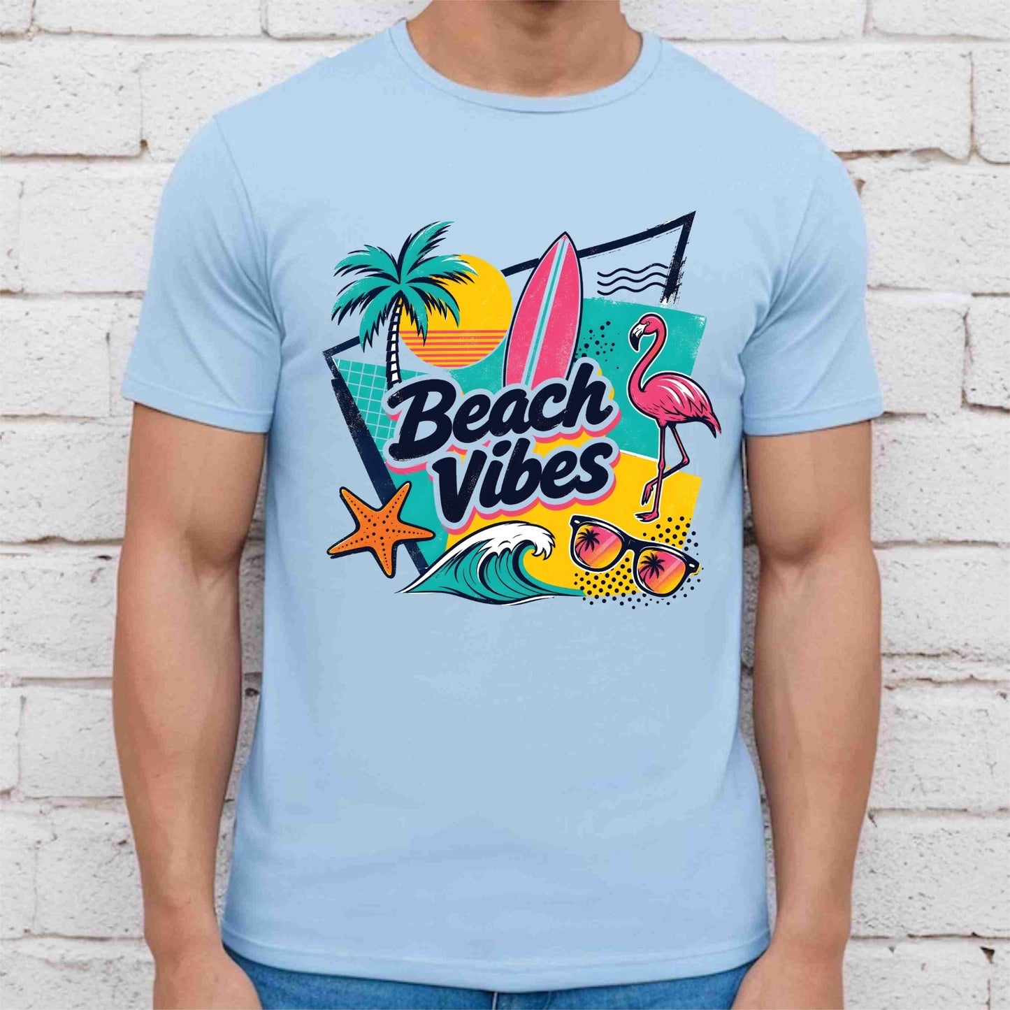 Beach Vibes Retro Flamingo DTF Transfer Ready to Press Summer Vacation UV DTF Sticker Surfboard Sunglasses Heat Transfer for Shirts