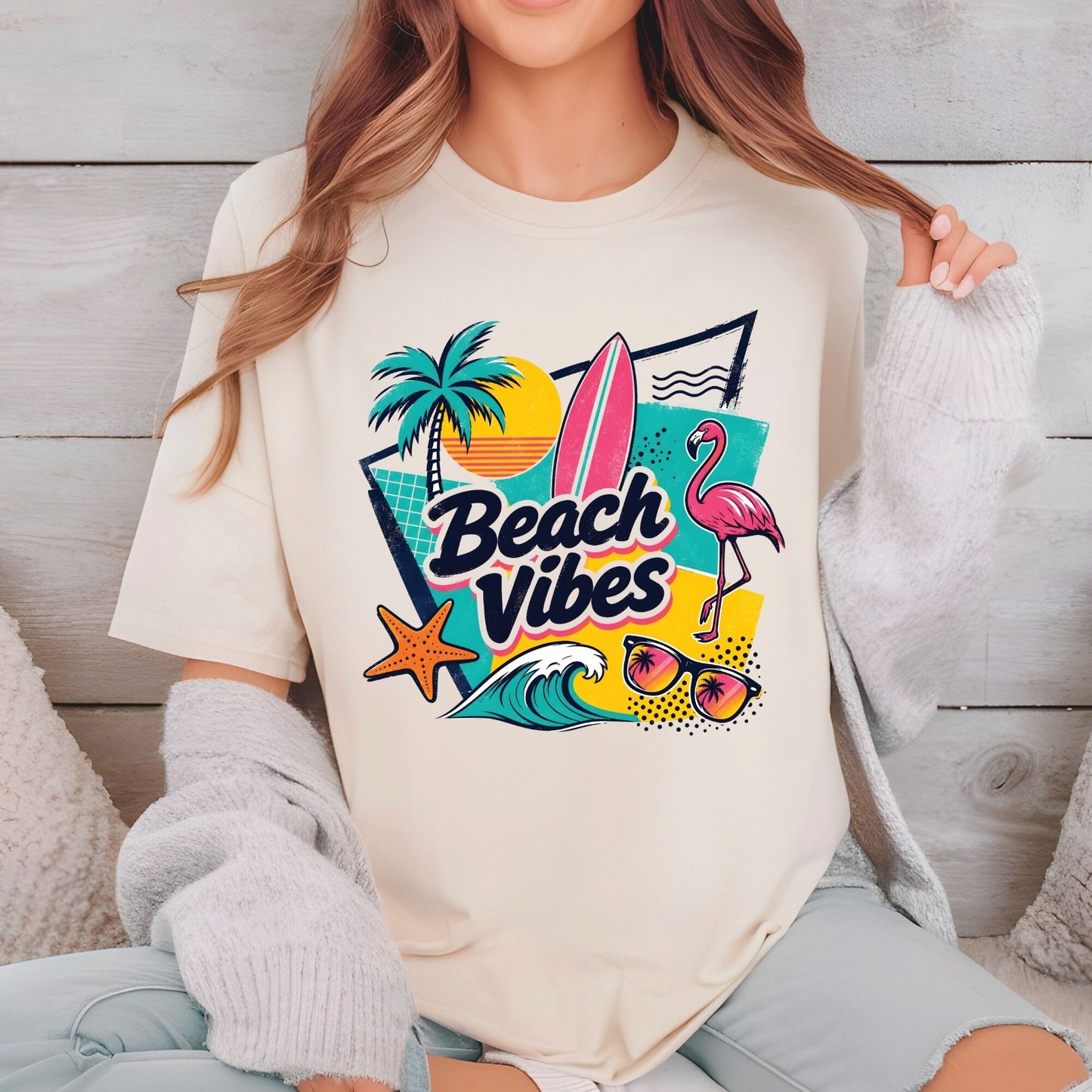 Beach Vibes Retro Flamingo DTF Transfer Ready to Press Summer Vacation UV DTF Sticker Surfboard Sunglasses Heat Transfer for Shirts