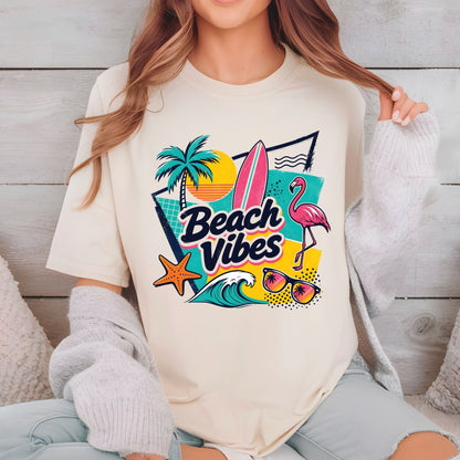 Beach Vibes Retro Flamingo DTF Transfer Ready to Press Summer Vacation UV DTF Sticker Surfboard Sunglasses Heat Transfer for Shirts