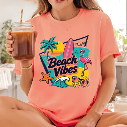Beach Vibes Retro Flamingo DTF Transfer Ready to Press Summer Vacation UV DTF Sticker Surfboard Sunglasses Heat Transfer for Shirts