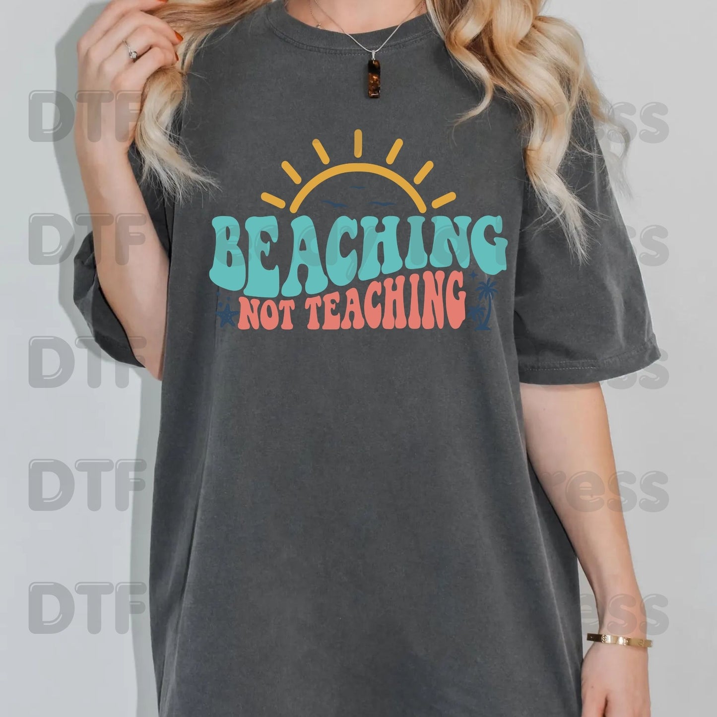 Beaching Not Teaching Retro Summer Vacation DTF Transfer Ready to Press Palm Tree Teacher Life Heat Transfer for Shirts UV Sticker Prints