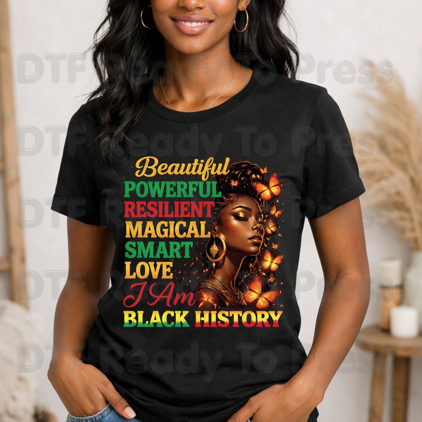 Beautiful Powerful Resilient I Am Black History DTF Transfer Ready to Press Melanin Queen Butterflies Heat Transfer for Shirts UV Sticker