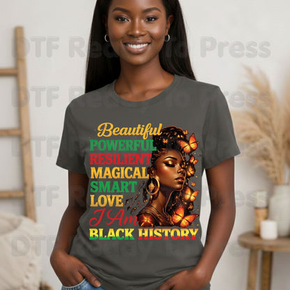 Beautiful Powerful Resilient I Am Black History DTF Transfer Ready to Press Melanin Queen Butterflies Heat Transfer for Shirts UV Sticker