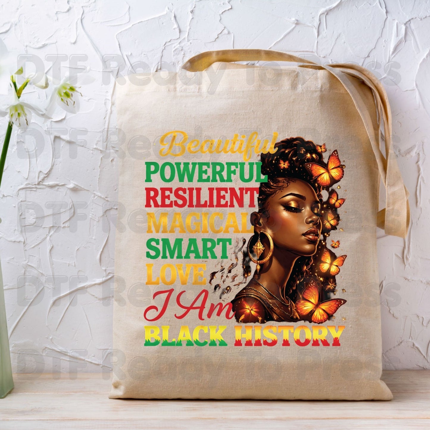 Beautiful Powerful Resilient I Am Black History DTF Transfer Ready to Press Melanin Queen Butterflies Heat Transfer for Shirts UV Sticker