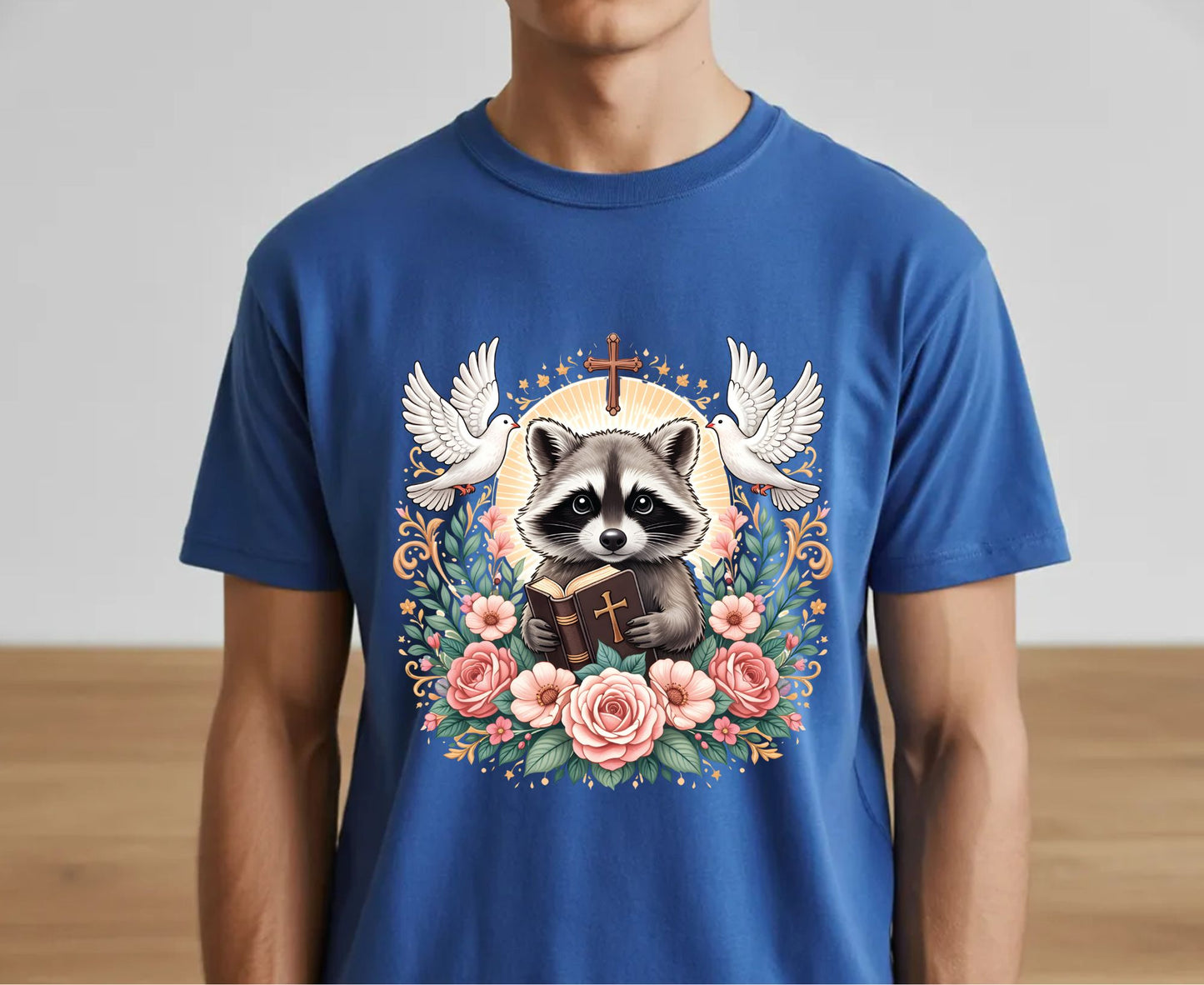 Bible Raccoon T Shirt Christian Faith Tee Floral Animal Cross Shirt Adult Youth Toddler Baby Cute Religious Gift Reading Bible Raccoon Tee