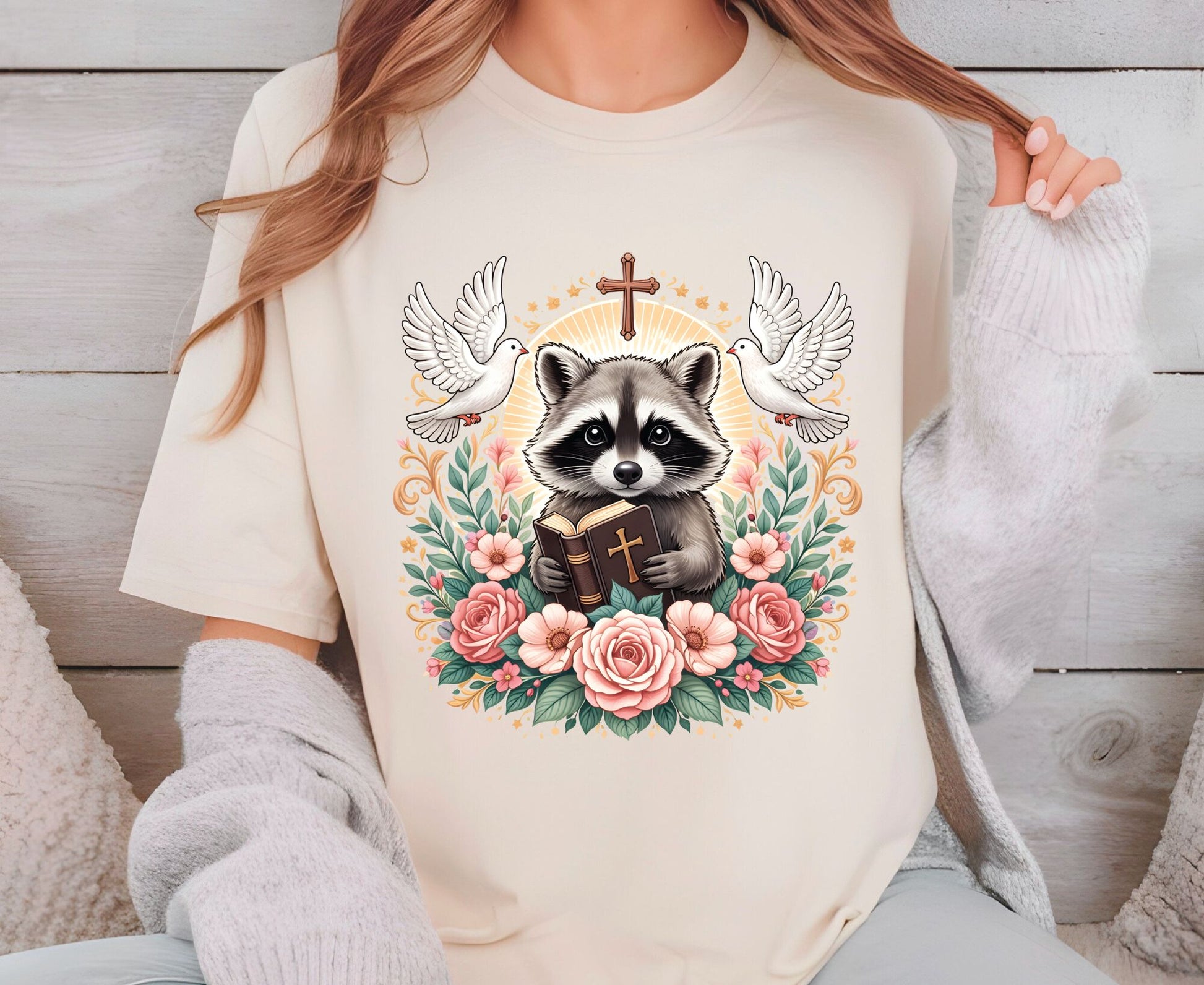 Bible Raccoon T Shirt Christian Faith Tee Floral Animal Cross Shirt Adult Youth Toddler Baby Cute Religious Gift Reading Bible Raccoon Tee