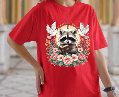 Bible Raccoon T Shirt Christian Faith Tee Floral Animal Cross Shirt Adult Youth Toddler Baby Cute Religious Gift Reading Bible Raccoon Tee