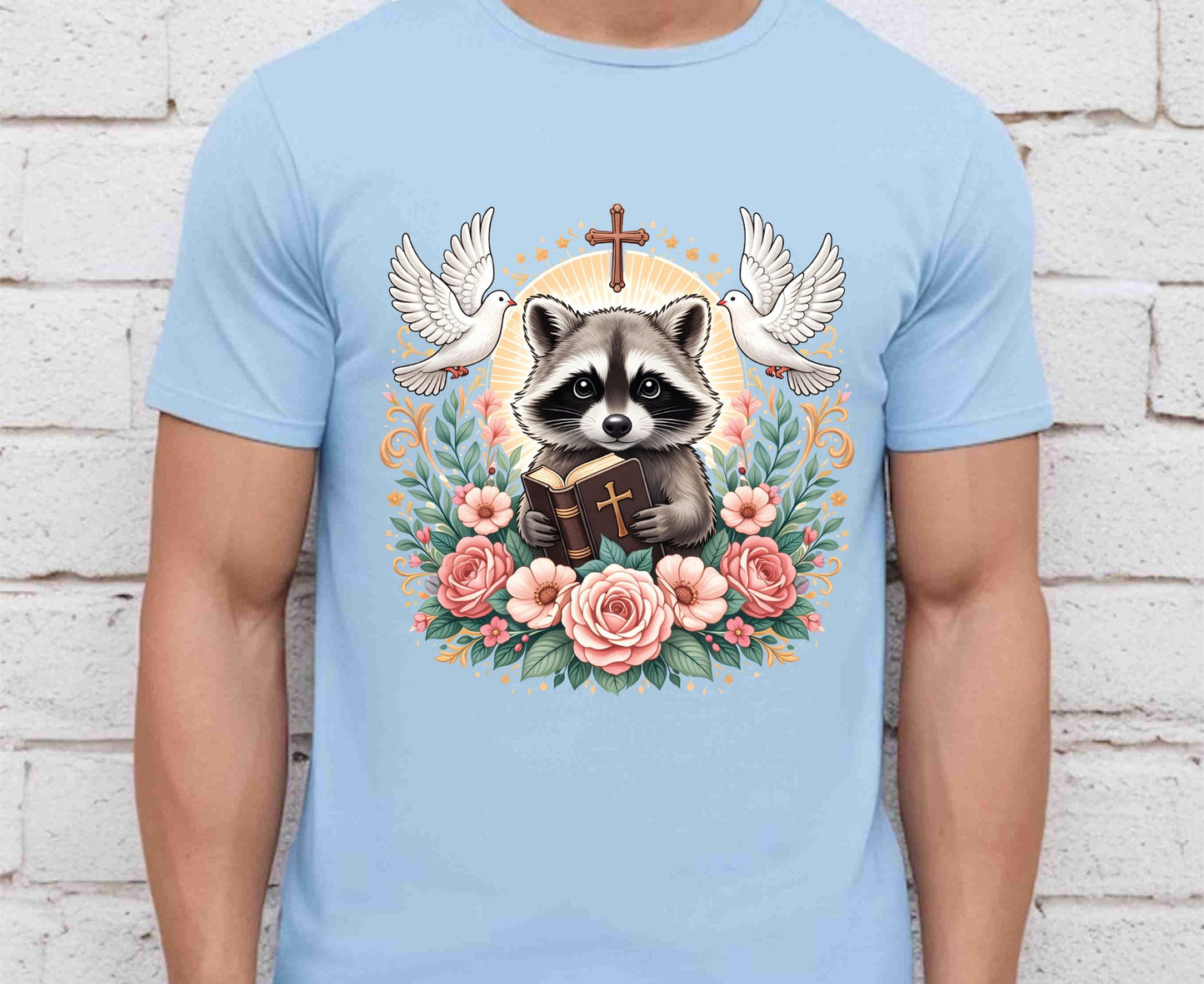 Bible Raccoon T Shirt Christian Faith Tee Floral Animal Cross Shirt Adult Youth Toddler Baby Cute Religious Gift Reading Bible Raccoon Tee