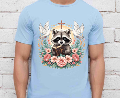 Bible Raccoon T Shirt Christian Faith Tee Floral Animal Cross Shirt Adult Youth Toddler Baby Cute Religious Gift Reading Bible Raccoon Tee