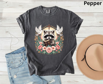 Bible Raccoon T Shirt Christian Faith Tee Floral Animal Cross Shirt Adult Youth Toddler Baby Cute Religious Gift Reading Bible Raccoon Tee