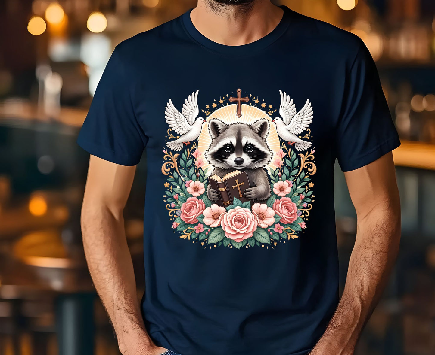Bible Raccoon T Shirt Christian Faith Tee Floral Animal Cross Shirt Adult Youth Toddler Baby Cute Religious Gift Reading Bible Raccoon Tee