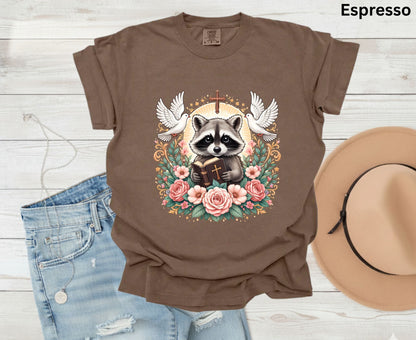 Bible Raccoon T Shirt Christian Faith Tee Floral Animal Cross Shirt Adult Youth Toddler Baby Cute Religious Gift Reading Bible Raccoon Tee