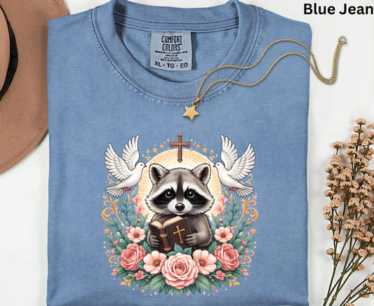 Bible Raccoon T Shirt Christian Faith Tee Floral Animal Cross Shirt Adult Youth Toddler Baby Cute Religious Gift Reading Bible Raccoon Tee