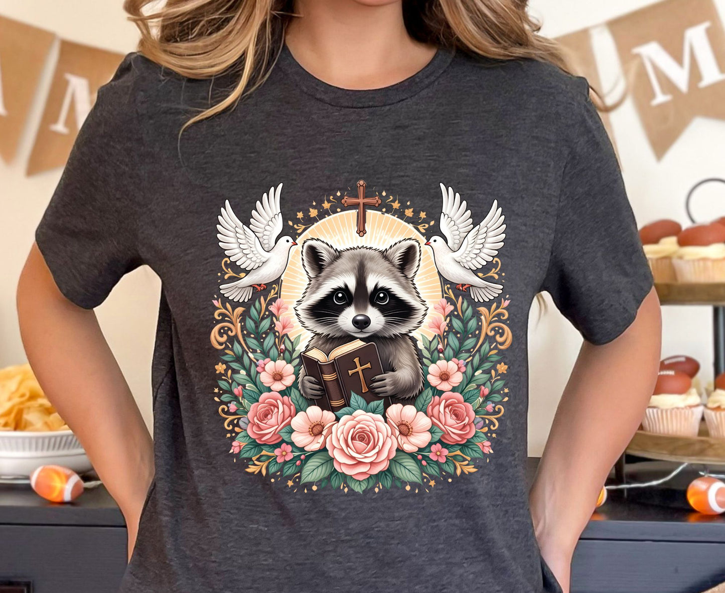 Bible Raccoon T Shirt Christian Faith Tee Floral Animal Cross Shirt Adult Youth Toddler Baby Cute Religious Gift Reading Bible Raccoon Tee