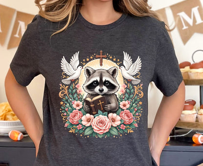 Bible Raccoon T Shirt Christian Faith Tee Floral Animal Cross Shirt Adult Youth Toddler Baby Cute Religious Gift Reading Bible Raccoon Tee