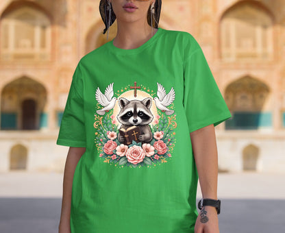 Bible Raccoon T Shirt Christian Faith Tee Floral Animal Cross Shirt Adult Youth Toddler Baby Cute Religious Gift Reading Bible Raccoon Tee