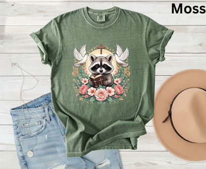 Bible Raccoon T Shirt Christian Faith Tee Floral Animal Cross Shirt Adult Youth Toddler Baby Cute Religious Gift Reading Bible Raccoon Tee