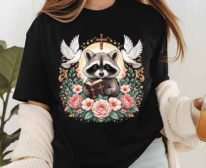 Bible Raccoon T Shirt Christian Faith Tee Floral Animal Cross Shirt Adult Youth Toddler Baby Cute Religious Gift Reading Bible Raccoon Tee