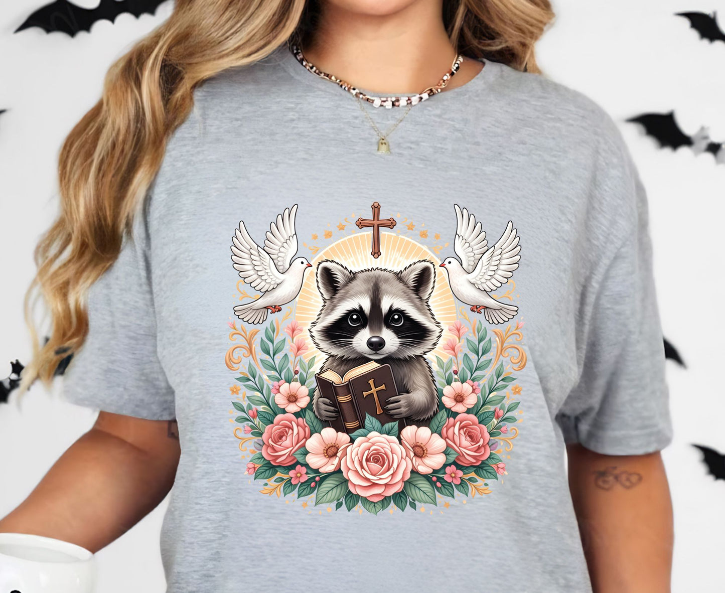 Bible Raccoon T Shirt Christian Faith Tee Floral Animal Cross Shirt Adult Youth Toddler Baby Cute Religious Gift Reading Bible Raccoon Tee