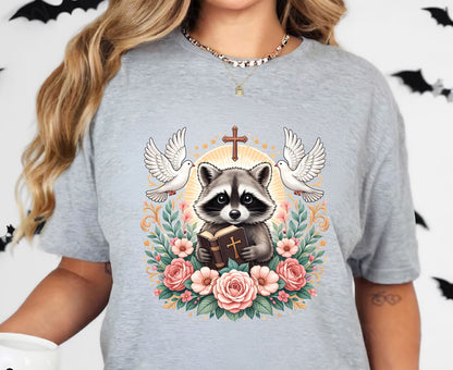 Bible Raccoon T Shirt Christian Faith Tee Floral Animal Cross Shirt Adult Youth Toddler Baby Cute Religious Gift Reading Bible Raccoon Tee