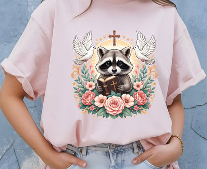 Bible Raccoon T Shirt Christian Faith Tee Floral Animal Cross Shirt Adult Youth Toddler Baby Cute Religious Gift Reading Bible Raccoon Tee