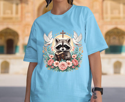 Bible Raccoon T Shirt Christian Faith Tee Floral Animal Cross Shirt Adult Youth Toddler Baby Cute Religious Gift Reading Bible Raccoon Tee