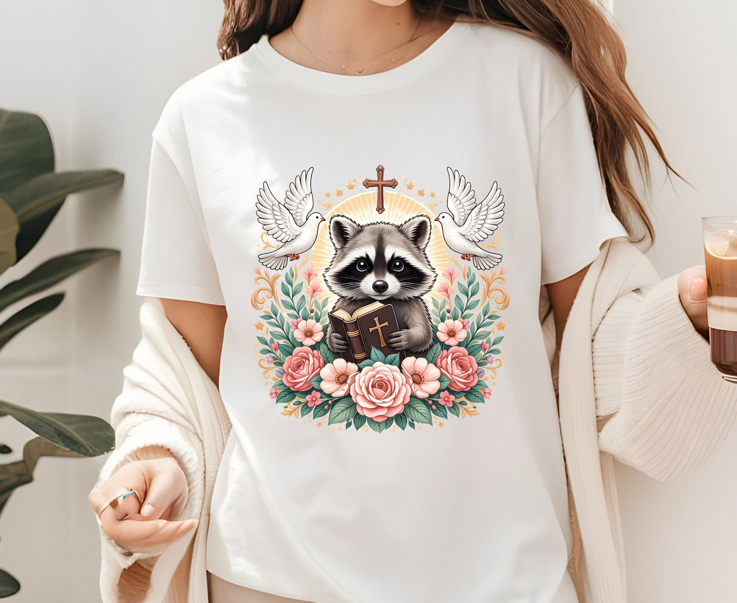 Bible Raccoon T Shirt Christian Faith Tee Floral Animal Cross Shirt Adult Youth Toddler Baby Cute Religious Gift Reading Bible Raccoon Tee